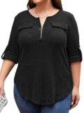 Hithymo Womens Plus Size Tops, 3/4 Sleeve Fall Fashion 2025 Solid Color Zip Up Business Casual Sweaters Deep V Neck Lightweight Soft Cozy Semi Formal Work Shirts-2XL Black