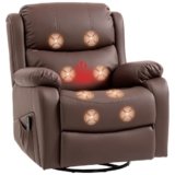 HOMCOM Poltrona Massaggiante Reclinabile Manuale 145° Riscaldante, 8 Punti di Massaggio, Poltrona Relax Girevole con Funzione Dondolo, Poggiapiedi, Telecomando, Tasche Laterali, Pelle PU, Marrone