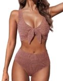 Hanna Nikole Women Two Piece Bikini Sets High Waisted Swimsuits Textured Bikinis Tie Knot Bathing Suits Full Coverage Swimming Suits Pink