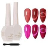 SUPWEE 2PCS 15ML Cat Eye Gel Polish, Hot Pink Red Glass Moonlight Cateye Gel Nail Polish with Magnetic Stick Shimmer Glitter Effect Soak Off Salon DIY at Home