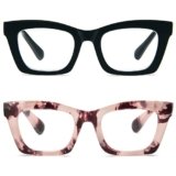 Kodilin 2 Pacco Occhiali da Lettura Vintage Oversize Square Frame Grande Retrò Quadrati Rettangolar Anti Luce Blu per Donna Cerniera a molla Nero+Tartaruga Rosa 2.0