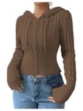 SOLY HUX Women’s Crop Cardigan Sweater Cable Knit Zip Up Hoodies Long Sleeve Fall Jacket Y2k Outerwear Coffee Brown Medium