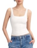 PUMIEY White Tank Tops for Women Square Neck Sleeveless Summer Tops, Splashed White Medium