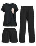 Ekouaer 3 PCS Maternity Nursing Pajamas Set Postpartum Breastfeeding Short Sleeve Shirts, Pregnancy Shorts & Pants Pjs Black M