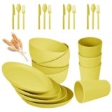afcevnlb 24pcs Wheat Straw Dinnerware Sets, Wheat Straw Plates and Bowls Sets for 4 Microwave Dishwasher Safe Lightweight （Yellow）