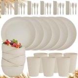 42-Piece Wheat Straw Dinnerware Sets for 6,Unbreakable Plates and Bowls Set,Dinner Plate/Dessert Plate/Cereal Bowl/Cup for Kitchen,Apartment Essentials, Outdoor Camping,Beige