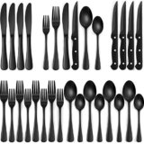 EWFEN 24-Piece Silverware Set with Steak Knives, Food-Grade Stainless Steel Tableware Cutlery Set for 4, Mirror Finished Flatware Utensil for Home Restaurant Black