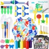 Toddlerz Painting Set Washable Paint Smock Brushes for Kidz Non Toxic Tempera Finger Paints, Brushes, Paint Paper, Sponge, Palette, Smock Supplies for Toddlerz Early Learning Drawing Gifts