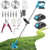 Decespugliatore a Batteria 21V, KUZUPRO Tagliabordi a Batteria con 2 Batterie 2,0Ah, 2 Tipi di Lame in Metallo Tagliaerba Elettrico, Forbici Potatura, Angolazione Regolabili per Giardino Potatura