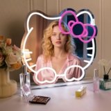 Hello Kit Vanity Mirror with Lights, Pink Room Decor for Girls, Neon Sign Led Wall Mirror with Base Suitable for Desktops, Wall, Bedrooms Decor, Children’S Favorite Anime Neon Mirrors with Dimmable