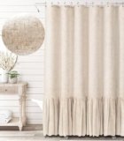 Awellife Farmhouse Shower Curtain Ruffle Linen Textured Boho Shower Curtain for Bathroom, Beige 72″ W x 72″ L