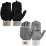 Pleneal 2 Pairs Fingerless Gloves for Women Men – Womens Winter Gloves, Convertible Half Finger Knit Gloves for Cold Weather