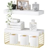 QEEIG Bathroom Shelves Over Toilet – Wall Mounted Floating Shelves Toilet Paper Storage Small Modern Decor Shelf 16 inch Set of 2, White and Gold (019-WG2)