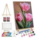 JOOZ Paint by Numbers Kit for Adults Flowers Paint by Numbers Kit with Frame DIY Tulip Paint by Number with Easel Floral Adult Paint by Number Kits Canvas for Gift Home Wall Decor 7.87×11.81 Inch