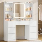 Hzuaneri 108cm Postazione Trucco, Toeletta Trucco con Luce LED Regolabile,Toeletta con Specchio, 7 Cassetti e 4 Ripiani, Spazio Contenitivo Dietro lo Specchio, Moderno, Bianco DT43203XEU