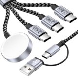 4 in 2 Charging Cable for Apple iWatch Charger with 3 Type-C Ports, Travel Essentials USB C Splitter Multi Charging Cable/Cord for iWatch Ultra/SE/10-1, iPhone17 16 15 14, Android, More -1Pack 5FT