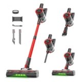 Clinkal Cordless Stick Vacuum Cleaner, 38Kpa Powerful Suction Vacuum Cleaner with LED Headlight, Detachable Battery, 8-in-1 Lightweight Handheld Vacuums for Pet Hair Carpet and Hardwood Floor, Red