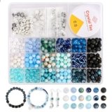 Tunmiok Glass Beads for Jewelry Making Kit with Metal Charms & Crystal String – Includes Spacers, Flower Holders – Bracelet kit, Necklace, Earring Set Supplies for Adults (Blue)