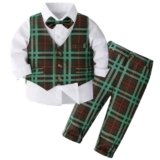 Kimocat Baby Boys Gentleman Bowtie Blue Suits Set Long Sleeve +Vest+Pants