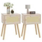 YMYNY Set di 2 Comodini, Tavolino con Cassetto decorato in rattan fatto a mano, Maniglia magnetica, Gambe di legno massiccio, 35×27×53cm, Comodino per Camera da Letto, Soggiorno, Naturale HST010N-2