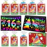 ZMLM Christmas Scratch Art Party Favors: 16 Pack Rainbow Scratch Notebook Bulk Scratch Art for Kids Birthday Party Favors Girls Boys Christmas Gifts Toy Scratch Pads Classroom Prizes