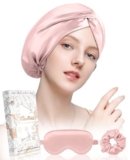 Miss Adola Silk Bonnet for Women – Mulberry Silk Sleep Cap for Hair Care with Eye Mask & Scrunchie 19 Momme Night Cap Sleeping Set with Elastic Stay On Head, Light Pk