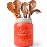 Comfify Wide Mouth Mason Jar Utensil Holder Decorative Kitchenware Organizer Crock, Dishwasher Safe – Kitchen Caddy, Large Size 7″ High – Coral
