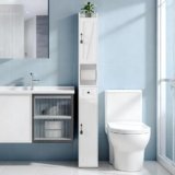 VECELO Narrow Bathroom Storage Cabinet, Tall Cabinet with Adjustable Shelves & Toilet Paper Holder & Drawer, Slim Freestanding Floor Cabinet with Magnetic Door for Small Spaces, White