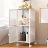 Small Bathroom Storage Cabinet with Movable Wheels, Wooden Bathroom Standing Shelf with 2 Metal Doors, Slim Bathroom Storage Cart for Small Spaces, Laundry, Kitchen, Narrow stand Storage Unit, White