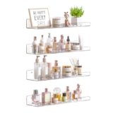 upsimples Acrylic Shelves for Bathroom Storage, 15″ Floating Shelves Wall Organizer for Perfume, Make up, Skincare, Kids Bookshelf for Bedroom, Nursery, Living Room Decor, Clear, 4 Pack