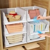 TidyIsles Wardrobe Storage Organiser – 4 Pack Folding Closet Organisers, Stackable Storage Boxes, Plastic Drawer Organiser Basket for Bedroom Kitchen Bathroom White