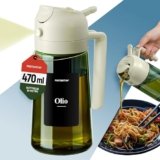 PORTENTUM Spruzzino olio per friggitrice aria 470 ml 2 in 1 funzione spray e versamento – Oliera spray vetro verde protezione dalla luce – Etichette multilingua – Nebulizzatore insalate e grigliate
