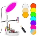 JJ Jianjin Desk Ring Light with Stand,55W Dimmable Full Screen Ring Light,with Rotating Storage Box,Pen Holder Stand,Phone Holder&Controller (White-RGB, 10.5)