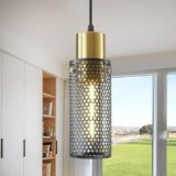 Omgomne Modern Pendant Light Fixtures, Gold Cylinder Pendant Lapms with Iron Mesh, Adjustable Metal Ceiling Hanging Light Fixture for Kitchen Island Dining Room Entryway Bar 1-Light