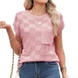 Women’s Cap Sleeve Knitted Tops Casual Crew Neck Pullover Summer Lightweight Sweater T-Shirts (Dusty Pink, S)