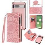 Asuwish Phone Case for Google Pixel 7 5G Zipper Wallet Detachable Cell Cover with Tempered Glass Screen Protector Crossbody Strap Flower Flip Card Holder Pixel7 Pixle Seven 6.3 Women Girls Rose Gold