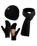 Hat Gloves Scarf Set for Women, Winter Knit Beanie Fleece-lined Touch Screen Gloves Long Scarve 3 in 1 Set Gift for Women