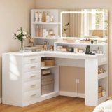 TEENFON Toeletta da Trucco,Toeletta con Luci LED, 3 Colori Luminosità Regolabile, Postazione Trucco con Prese, 5 Cassetti, 3Ripiani Aperti, Vano di Archiviazione Laterale, Moderno,Bianco