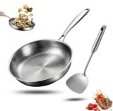 Generico Padella titanio con spatola, wok antiaderente martellato in titanio Nutrition per cucinare, non rivestita, padella Pro induzione, per cucina e campeggio (Senza Copertura, 32cm)