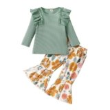 Kislio Toddler Baby Girl Clothes Long Sleeve Ruffle Ribbed Tops Flare Pants Bell Bottoms Fall Winter Outfit Set
