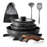 Kitchen Academy Set di pentole da 10 pezzi, Set di pentole e padelle con coperchi in vetro, Rivestimento in marmo, Rivestimento antiaderente, Adatto all’induzione, Manico liscio venato (Nero)