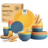 Perlapoc Wheat Straw Dinnerware Sets, Plates and Bowls Sets Unbreakable & Microwave Safe – 32 Piece Service for 8 Dinner Plate Dessert Plate Cereal Bowl Cup for Kitchen & Outdoor – Multi