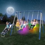Sportspower 4-in-1 Super Lights 500LBS Metal Swing Set for Night Outdoor Play, LED Light-Up Swings, 2-Person Glider, 5ft Slide, 6ft Tall Durable Steel Frame
