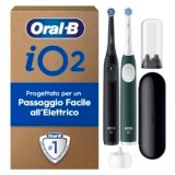 Oral-B iO 2 DUO Spazzolino Elettrico Oral B, Nero e Verde, 2 Testine Di Ricambio e Spazzolini, Custodia Da Viaggio, Porta Ricarica Da Viaggio. Delicato sulle Gengive, Sensore di Pressione
