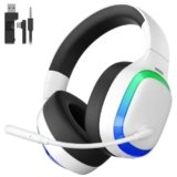 SEJJ 2.4Ghz Wireless Gaming Headset for PS5, PS4, PC, Mac, Bluetooth 5.4 Gaming Headphones with Noise Canceling Mic, 70H Battery, Surround Sound, Lay-Flat & Foldable – RGB White