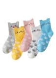 Women’s Cute Cat Print Cotton Ankle Socks, Blue Yellow Pink, Soft Stretchy Paw Pattern Design, Comfortable Elastic (cat)