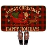 Santa Sleigh and Reindeer Welcome Door Mat for Outdoor Indoor Porch, 29.5″×17″ Christmas Linen Doormat Floor Mat, Non-Slip Rustic Buffalo Check Rug for Front Door, Kitchen, Bathroom, Home Decor, Gifts
