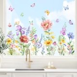 Supzone Adesivi Finestra Fiori Selvatici Vetrofanie Farfalla Fiori Multicolori Decorazioni Primavera e Estate, Decorazioni per Vetri Anti-Uccelli Adesivi Statici per Finestre