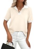 PRETTYGARDEN Summer Short Sleeve Polo Shirts for Women Collared V Neck Work Dressy Tops Knit Loose Business Casual Outfits(Beige,X-Large)
