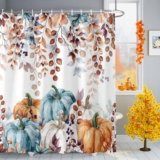 Thanksgiving Shower Curtain-Waterproof Polyester Fabric Autumn Shower Curtain Set with Hooks-Watercolor Eucalyptus Leaf Pumpkin Fall Shower Curtains for Bathroom Showers Stalls Bathtubs 72″x84″